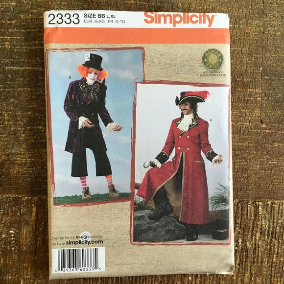 Simplicity Sewing Pattern 2333 Mens Mad Hatter Captain Hook Cosplay L XL UNCUT - Picture 1 of 2